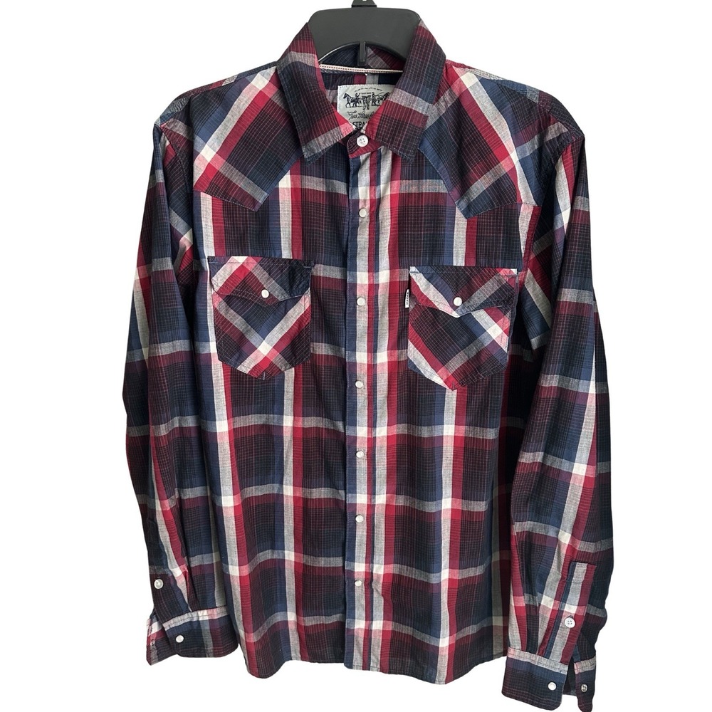 Levi's Western Pearl Snap Shirt Mens M Red Blue Plaid Lightweight Button Down